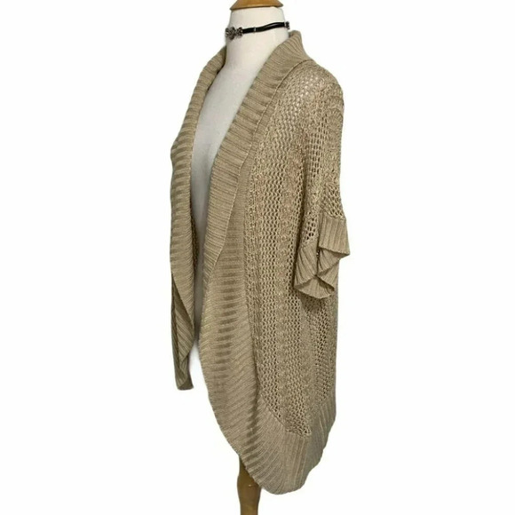 Dress Barn 1X Tan short sleeve open knit cardigan - Picture 3 of 6